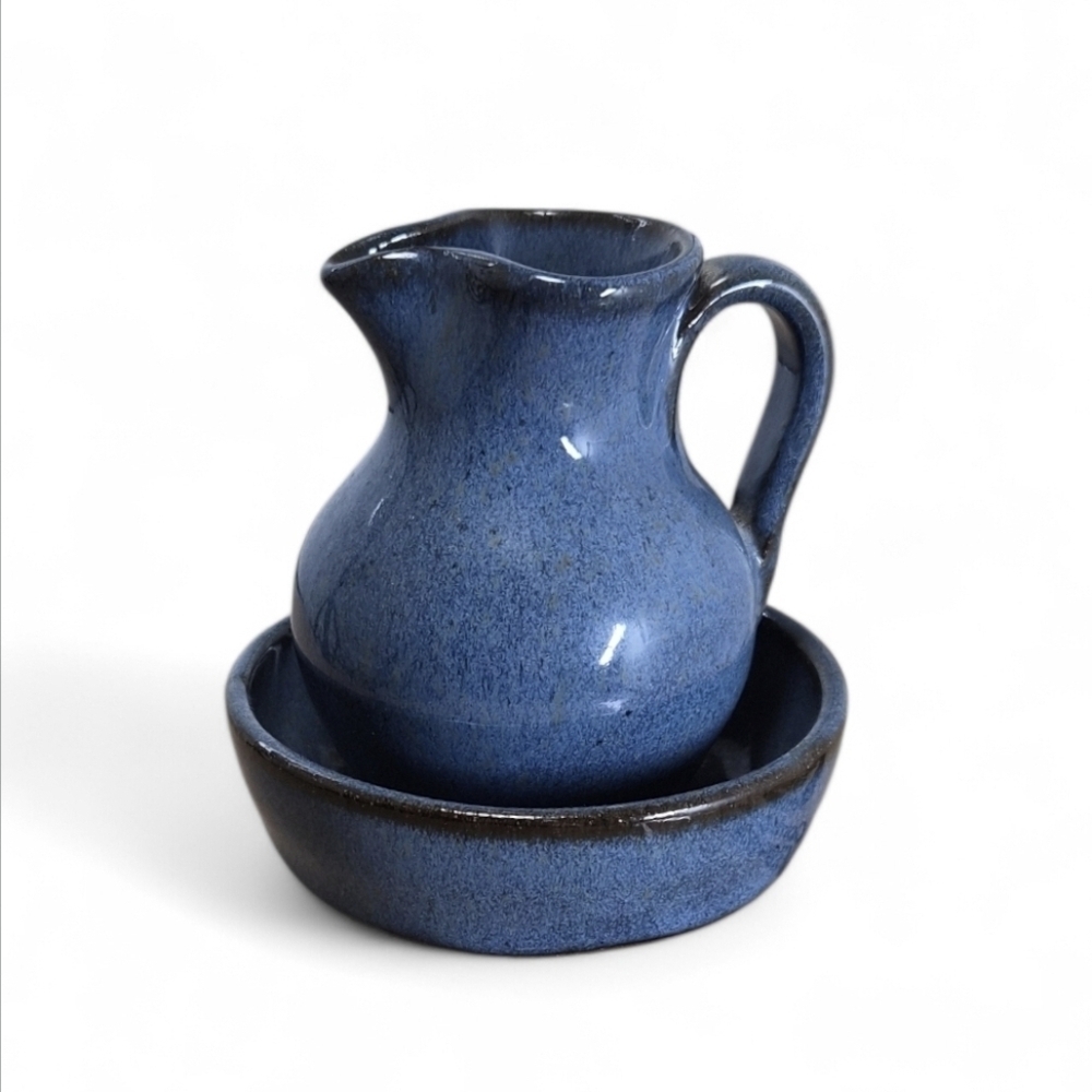 Jugtown Ware Blue Glazed Pottery Set – Pitcher & Basin 1997 Signed VO & CM - Picture 3 of 8